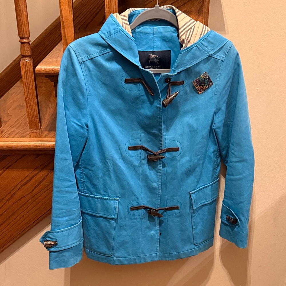 Burberry Bright Aqua Blue Hooded Toggle Coat